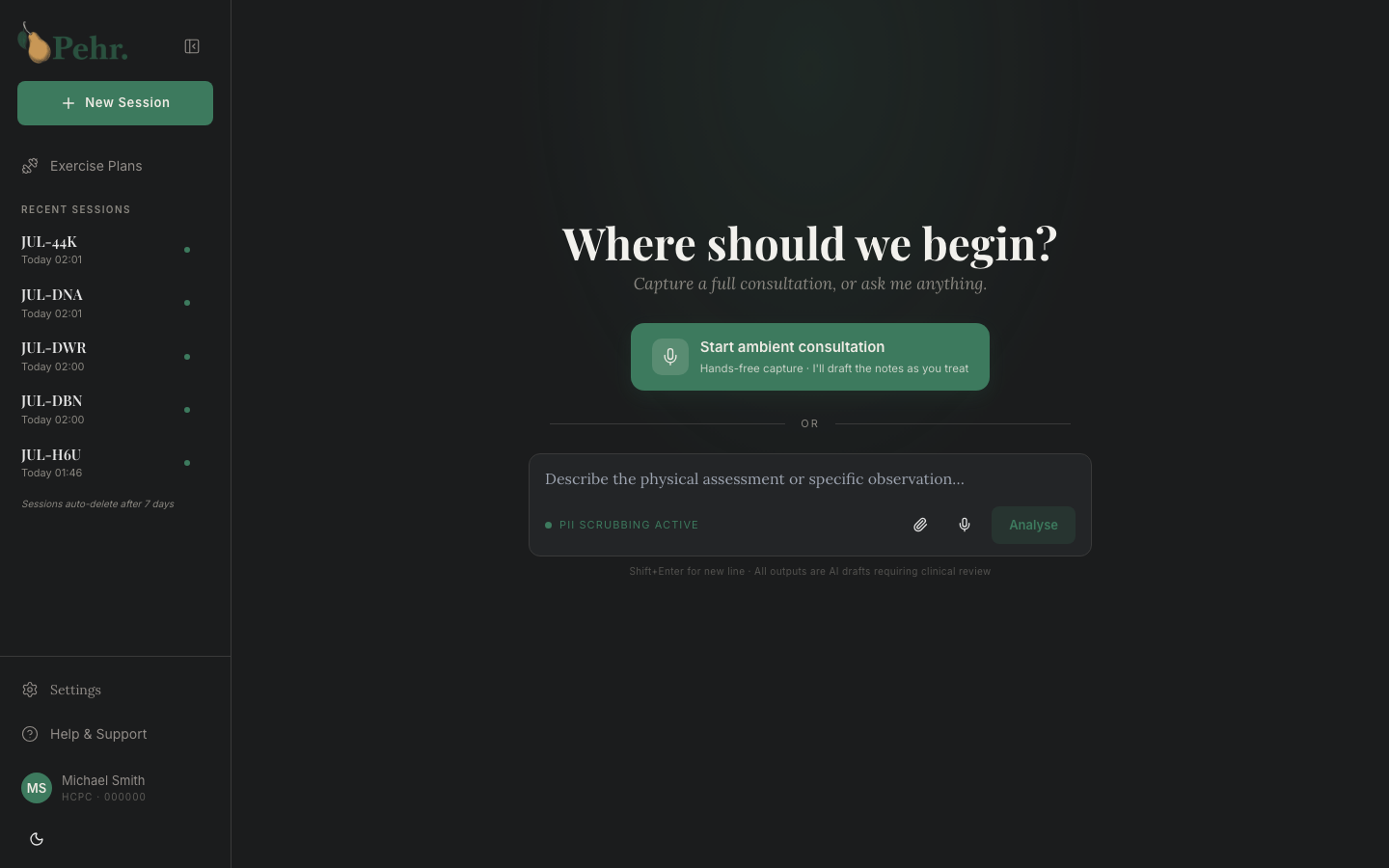 Pehr workspace: an ambient consultation prompt and a note composer with PII scrubbing active